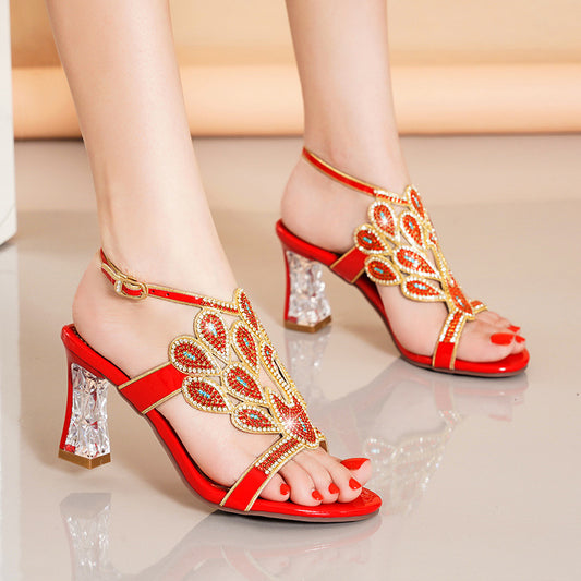 ANTMVS  Red High Heel Sandals Women's Rhinestone  Summer New  Girl Gentle Shoes Chunky Heel Genuine Leather Crystal Wedding Shoes