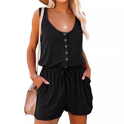 Antmvs -  Fisoew Women's Summer Scoop Neck Sleeveless Button Down Tank Top Rompers Elastic Waist Shorts Outfits with Pockets