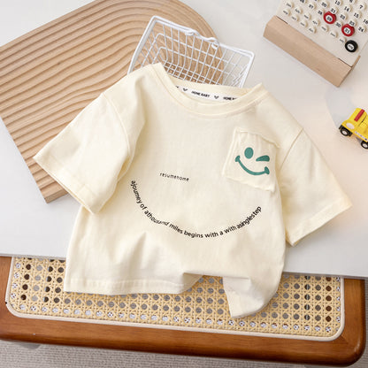 ANTMVS Children's Cotton Short Sleeve  Boy Summer Clothing Solid Color Top Baby Short Sleeve Girls' round Neck Loose T-shirt Half Sleeve