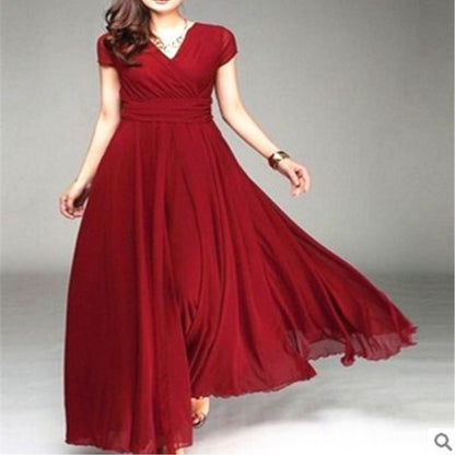 ANTMVS  EBay    Cross Border V-neck Short Sleeve Bohemian Chiffon Waist Dress Evening Dress