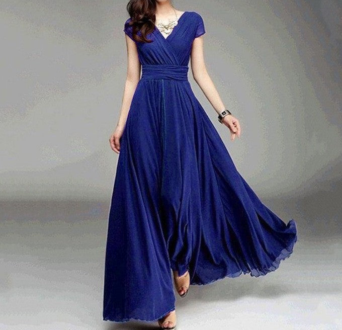 ANTMVS  EBay    Cross Border V-neck Short Sleeve Bohemian Chiffon Waist Dress Evening Dress