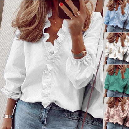 ANTMVS Wish  EBay Spring and Summer European and American New Long Sleeve Ruffle Blouse Women's Shirt