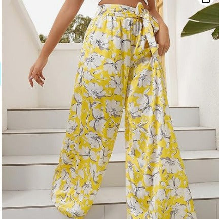 Antmvs Cross-Border HOTan and NEWn New Fashion Women's Printed Wear High Waist Lace-up  Casual Wide Leg Temperament Commute Trousers