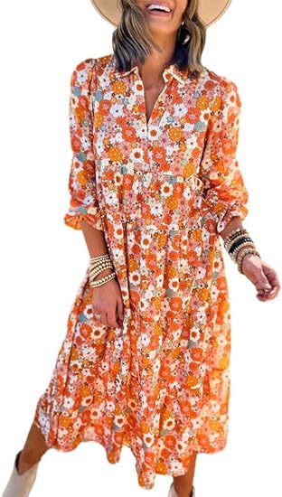 ANTMVS New Casual Loose Long Sleeve V-neck Women's Bohemian Floral Flowy A- line Dress