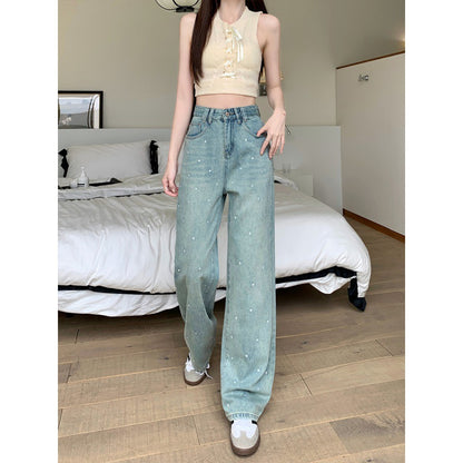 Real Shot Rhinestone Multi-Color Wide Leg Jeans for Women 2024 Spring and Summer New High Waist Straight Loose Draggle-Tail Trousers Tide