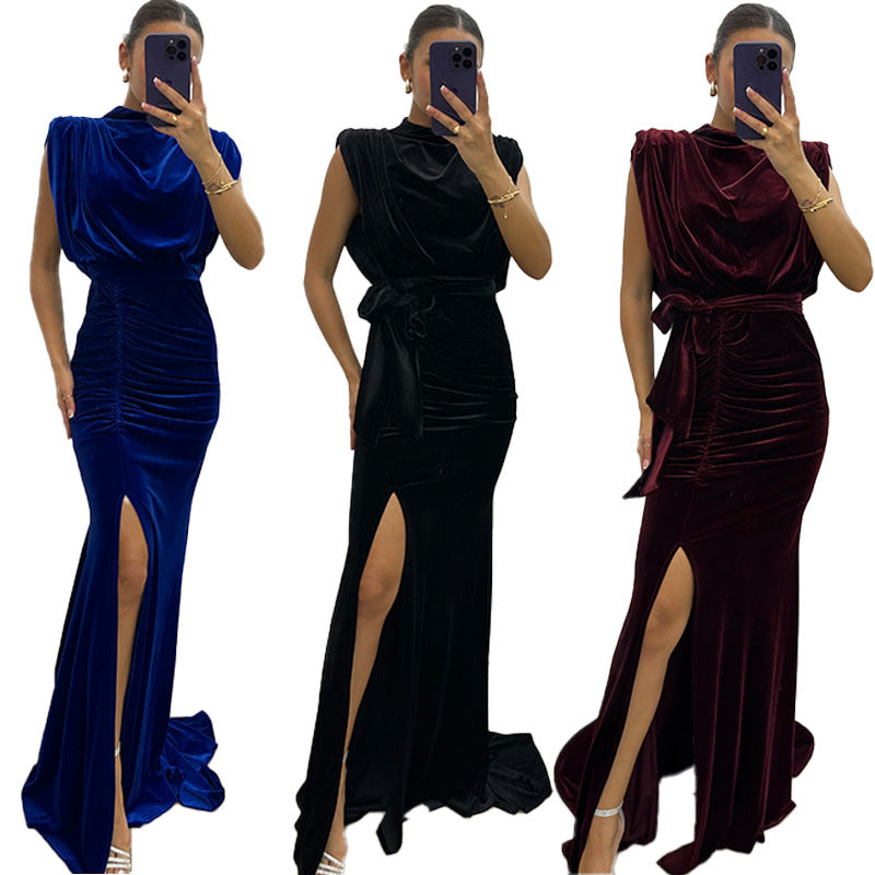 ANTMVS  Cross Border Hot Sale Korean Velvet Dress  New Private Clothing Socialite Elegant Super Long Dress