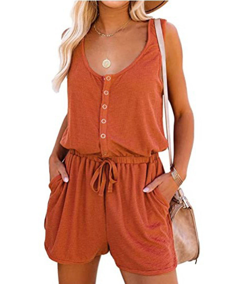 Antmvs -  Fisoew Women's Summer Scoop Neck Sleeveless Button Down Tank Top Rompers Elastic Waist Shorts Outfits with Pockets