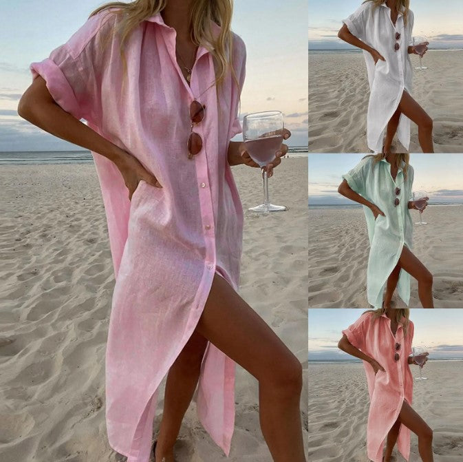 ANTMVS  European and American  Cross-Border Women's Clothing Summer New Solid Color Casual Long Cotton Cardigan Shirt Dress