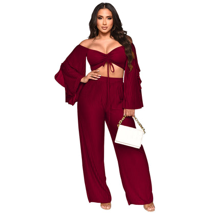 ANTMVSC6340   2025 fashion women's clothing solid color crumpled long-sleeved trousers two-piece set women