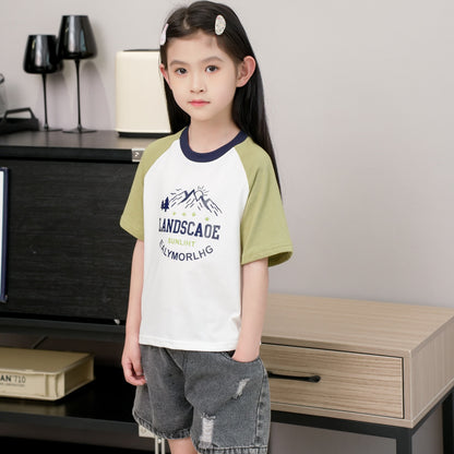 ANTMVS Children's Short Sleeve  Summer New Boys and Girls Color Matching T-shirt Medium and Big Children's Letter Raglan Sleeve Cotton T Undershirt Wholesale