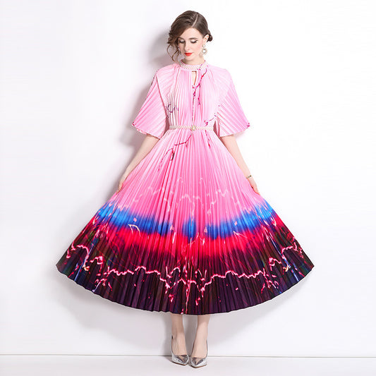 Fashion light luxury pleated short-sleeved beaded stand-up collar waist thin a word gradual change color printing big pendulum dress