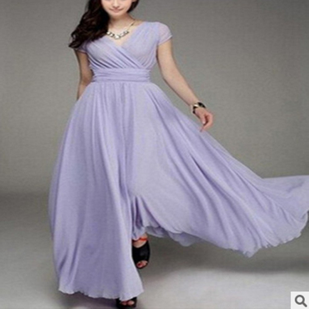 ANTMVS  EBay    Cross Border V-neck Short Sleeve Bohemian Chiffon Waist Dress Evening Dress