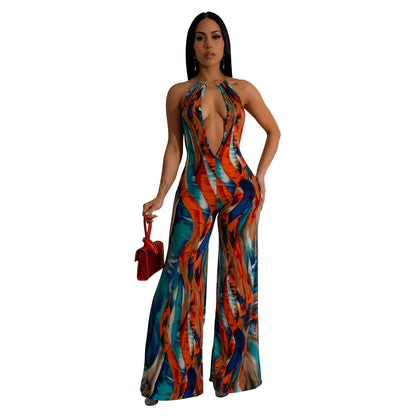 ANTMVS C6930    2025 fashion women's clothing printed sleeveless deep V color matching backless long jumpsuit