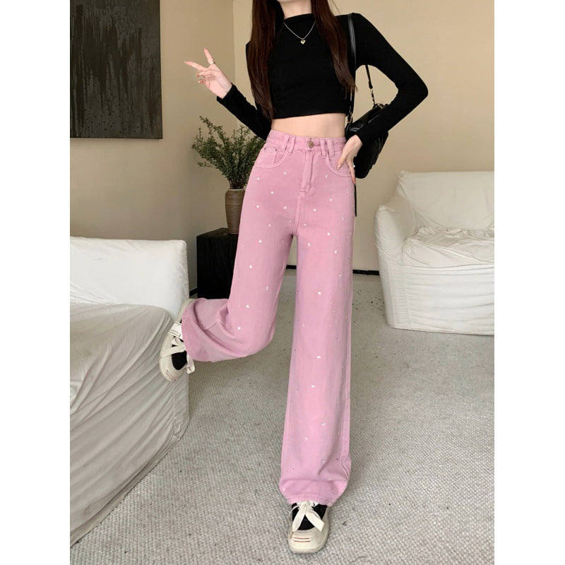 Real Shot Rhinestone Multi-Color Wide Leg Jeans for Women 2024 Spring and Summer New High Waist Straight Loose Draggle-Tail Trousers Tide