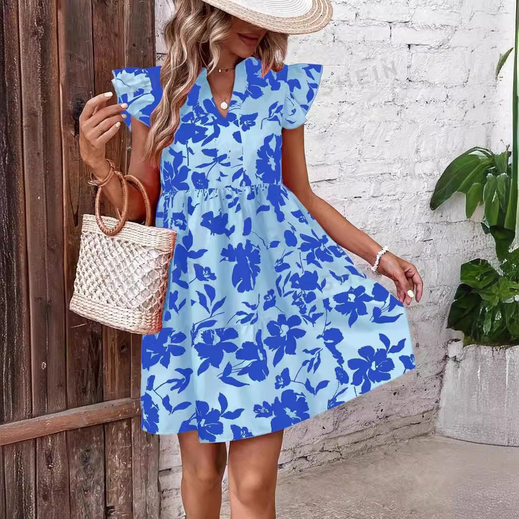 Antmvs -  Women's Floral Ruched Ruffle Hem Smock Dress, Casual Butterfly Sleeve Notched Neck Short Sundress, Summer Dresses 2024, Dresses for Women, Sundresses 2024, Ladies Clothes for Beach Holiday Vacation