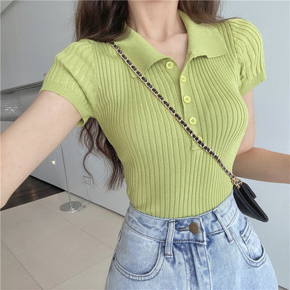 Antmvs -  Women's Plain Buttons Collared Tee, Elegant Casual Short Sleeve T-shirt for Summer, Ladies Clothes for Daily Wear