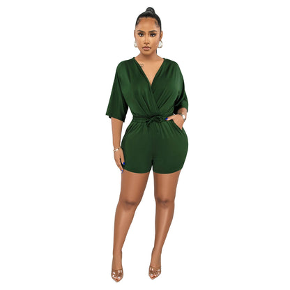 ANTMVSC6308   2025 fashion women's clothing solid color lace-up V-neck medium-sleeved shorts jumpsuit women