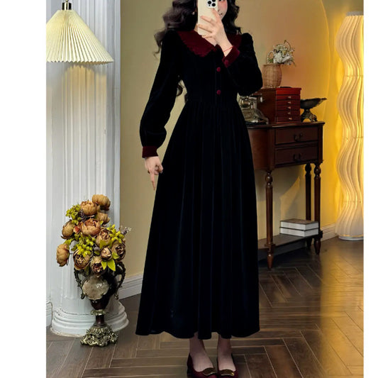 2025 new women's spring and autumn  skirt retro high-end wear black velvet dress women's clothing