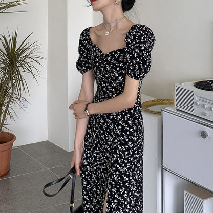 2025 first love sweet tea break square neck bubble sleeves small fresh floral dress black temperament long skirt women's summer