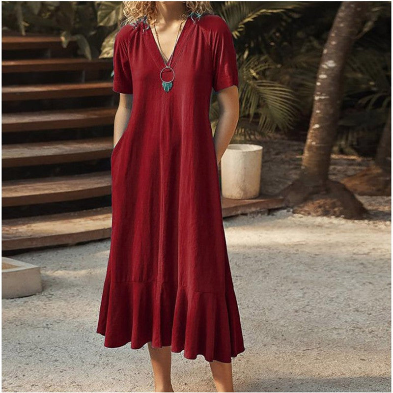 ANTMVS Cross Border New Best Selling Women's Clothes Solid Color and V-neck Lace-up Short Sleeve A- line Length Dress