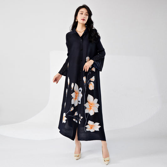 2025 Large size dress summer women's high-end pleated texture lapel loose age-reducing middle-aged mother outfit elegant skirt