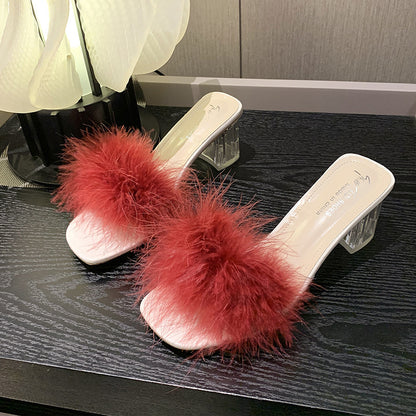 ANTMVS  Slippers  New Summer Korean Style High Heels Chunky Heel Slippers Fluffy Shoes Bride and Bridesmaid Morning Gowns Matching Shoes