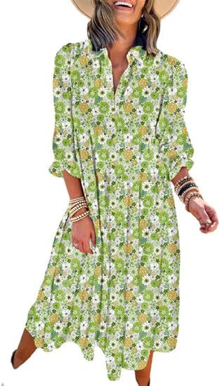 ANTMVS New Casual Loose Long Sleeve V-neck Women's Bohemian Floral Flowy A- line Dress