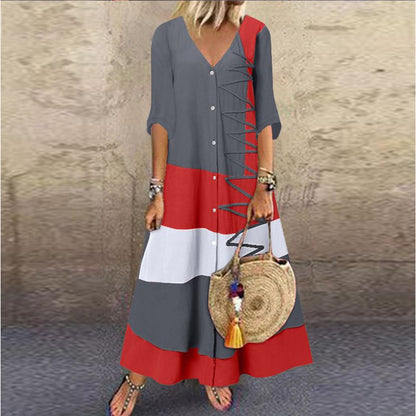 ANTMVS  European American Summer New  Independent Station Wishv Collar Short Sleeve Printed Long Dress Button Casual Skirt