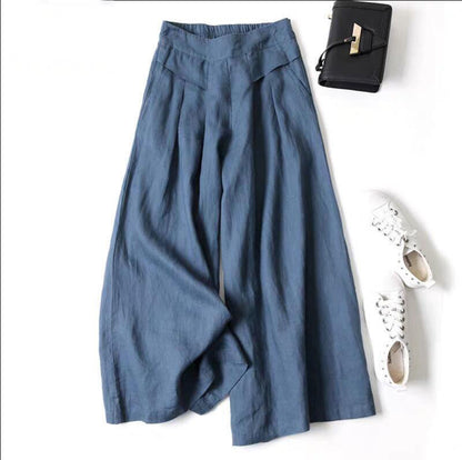 Antmvs Loose Drooping Artistic Cotton and Linen Wide-Leg Skort  Summer Women's Half Elastic High Waist Thin Slimming Cropped Pants