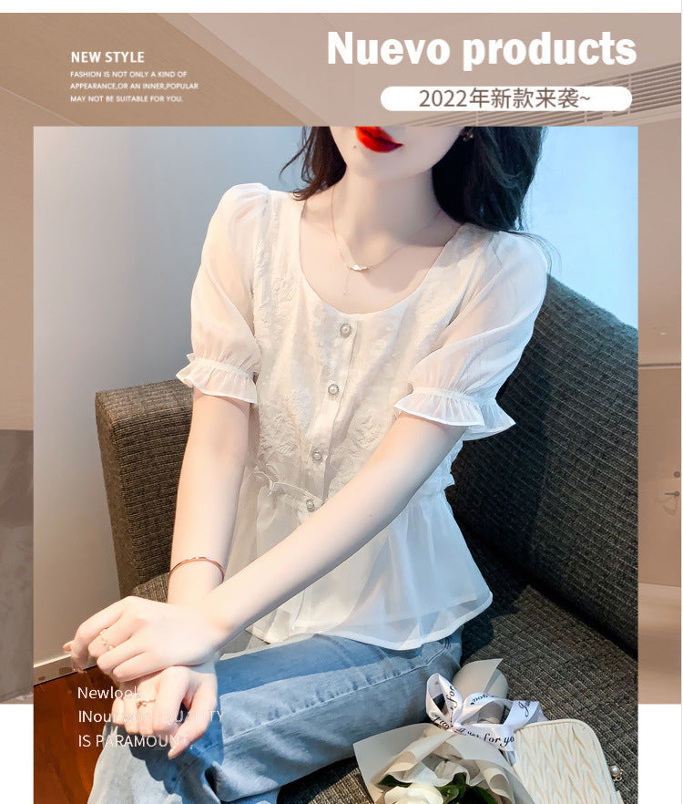 ANTMVS Style Short-Sleeved Chiffon Shirt Women's Summer Wear  New Age-Reducing Beautiful Waist-Tight Shirt Slimming Top