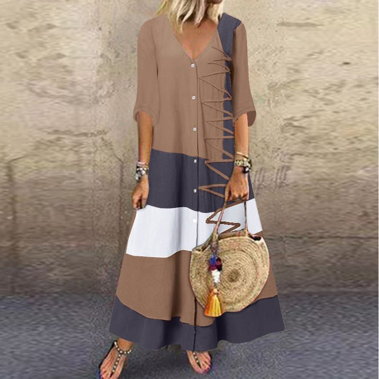 ANTMVS  European American Summer New  Independent Station Wishv Collar Short Sleeve Printed Long Dress Button Casual Skirt