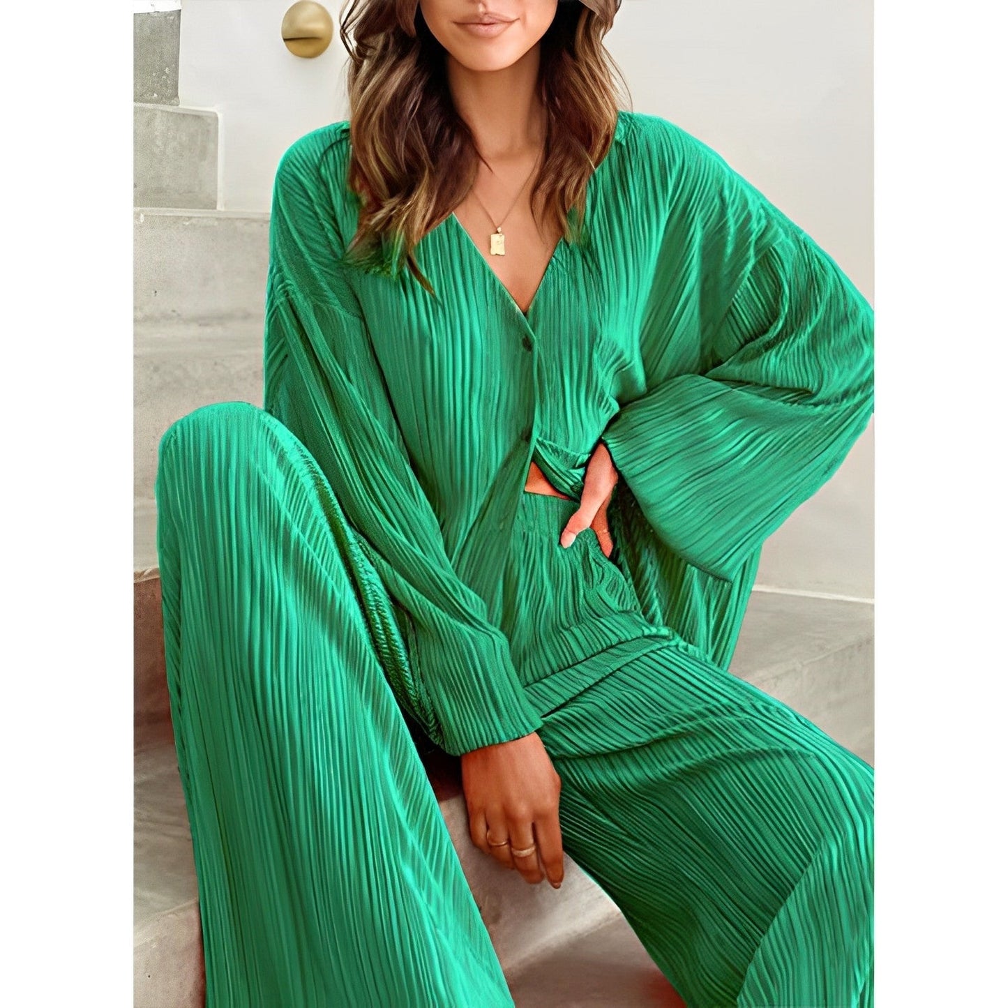 Antmvs -  New Cross-border Women's Spring Solid Color Pleated Single-breasted Top High Waist Wide-leg Flared Pants Home Wear Suit