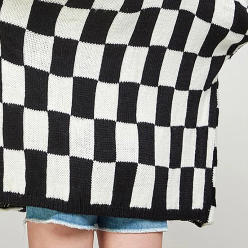 Antmvs -  Women's Checkerboard Pattern Drop Shoulder Cardigan, Casual Long Sleeve Open Front Knitwear for Summer, Fashion Ladies' Knit Clothing for Daily Wear