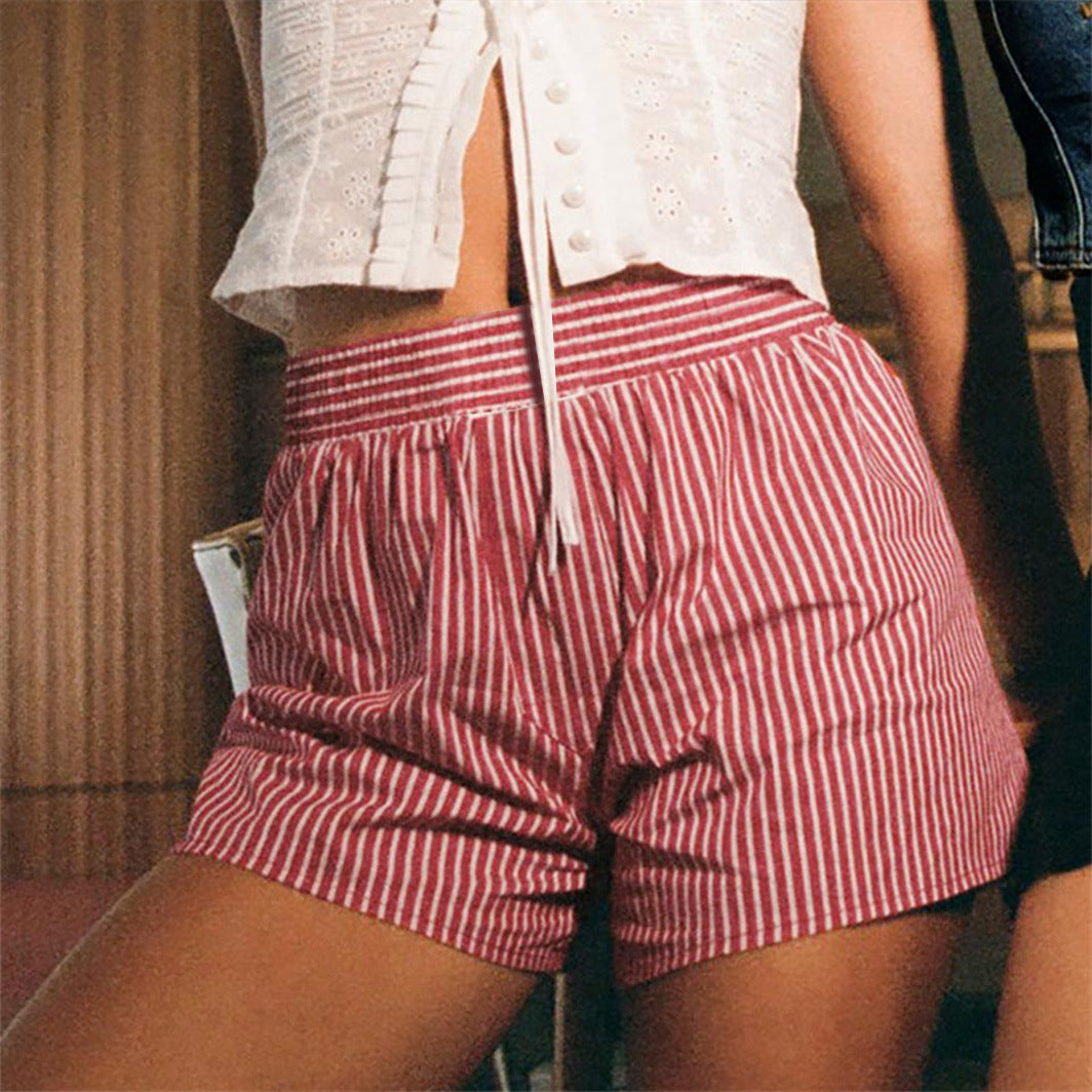 Antmvs -  Women's Striped Print Patched High Waist Shorts, Casual Comfy Elastic Waist Shorts for Summer, Womens Shorts, Ladies Bottoms for Daily Wear