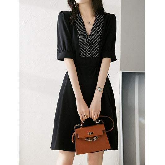 2025 Design sensitive acetate dress  summer new women's clothing V-neck bubble sleeves + lace-up medium and long skirt