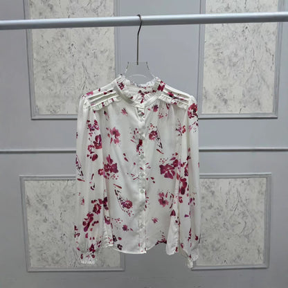 2025 BA  Long Sleeve  New Top Twin Rose Print Front Shoulder Fungus Front Buckle Chiffon Shirt