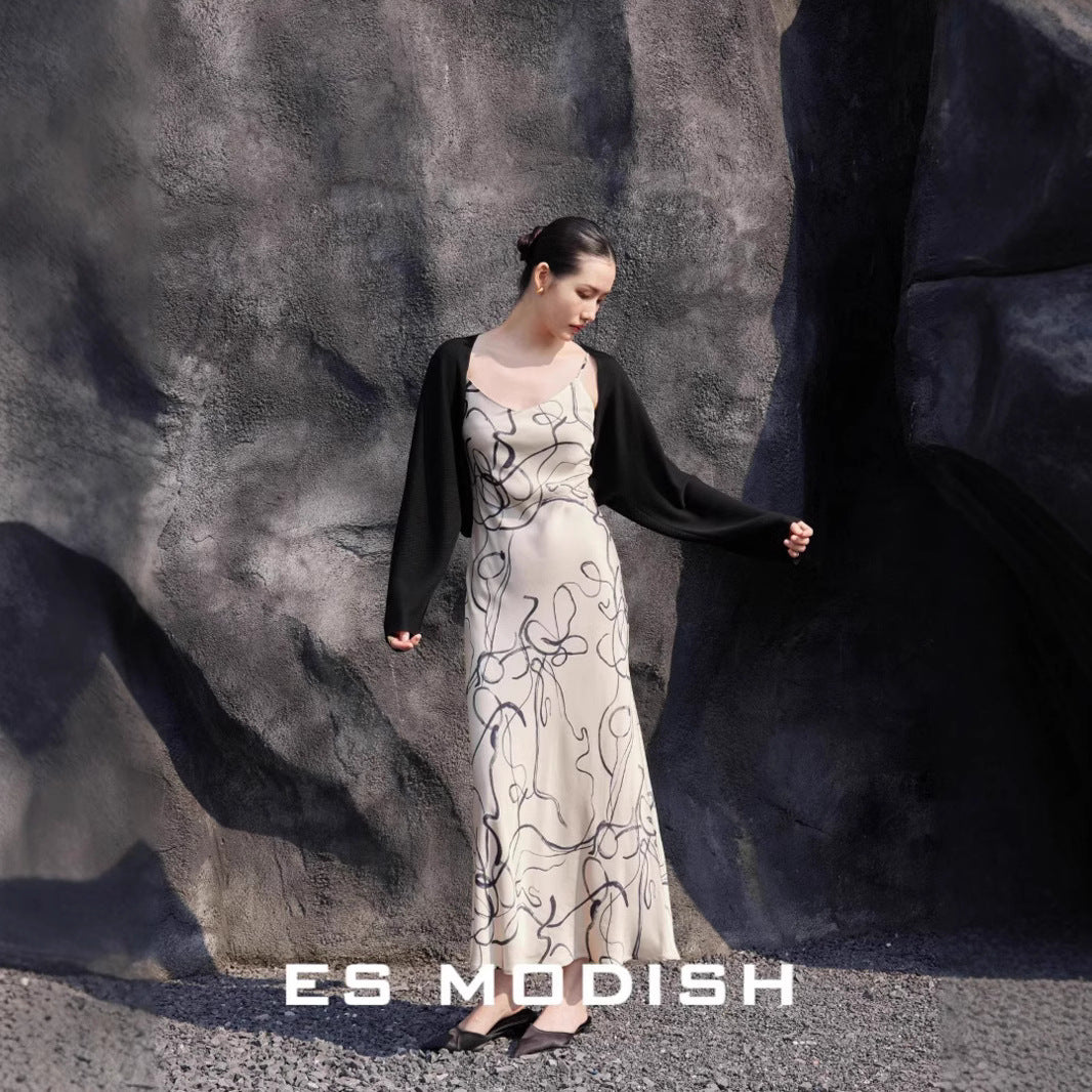 2025 ES MODISH spring new product retro style high-end printing suspender dress tube top waist inner long dress