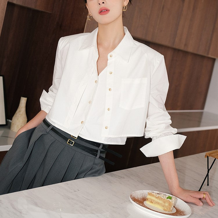 ANTMVS Four Seasons Wearable White Shirt Women's Design Sense Niche Short Korean Style Blouse for Commuting Casual Long Sleeve Fake Two-Piece Top