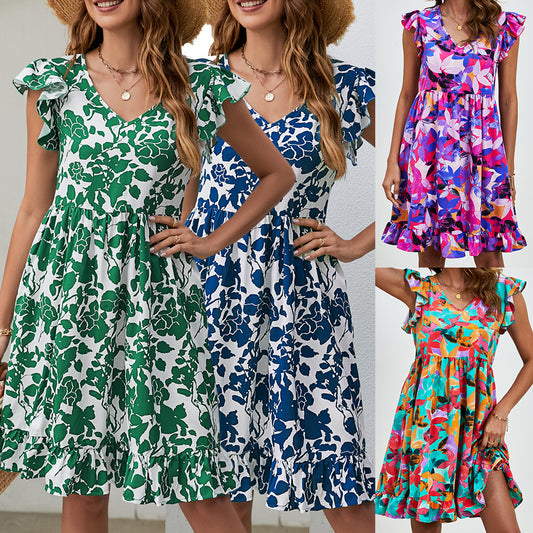 ANTMVS Summer New Popular Leaf Printed Dress V-neck Ruffled Sleeve Leisure Holiday Dress Dress