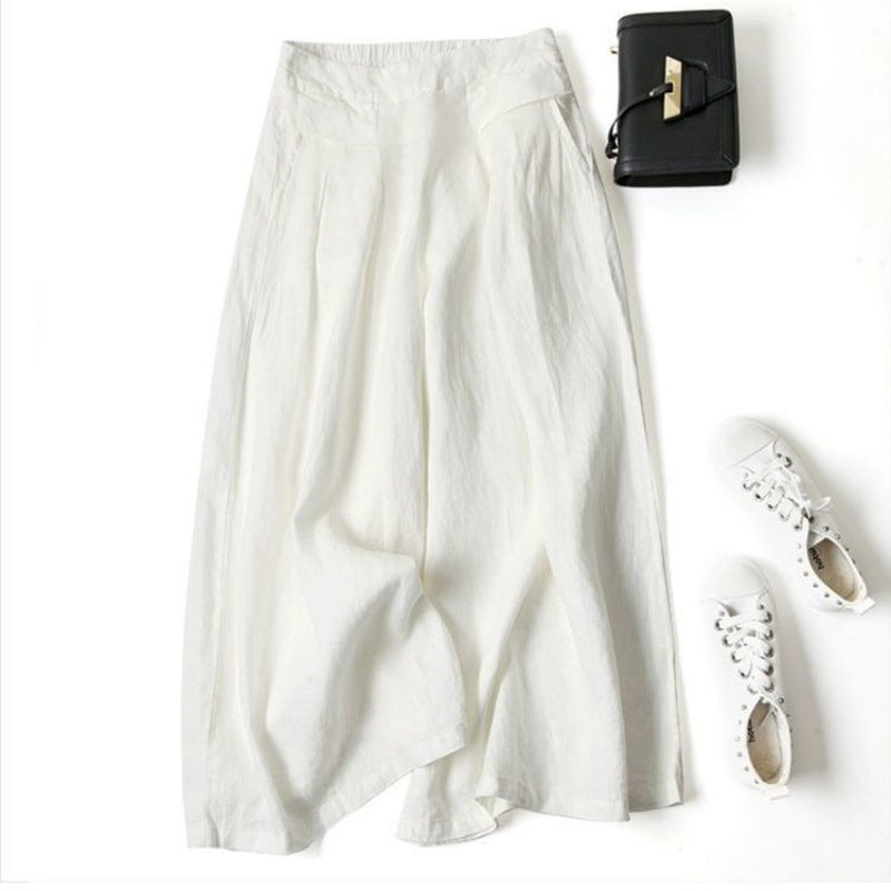 Antmvs Loose Drooping Artistic Cotton and Linen Wide-Leg Skort  Summer Women's Half Elastic High Waist Thin Slimming Cropped Pants