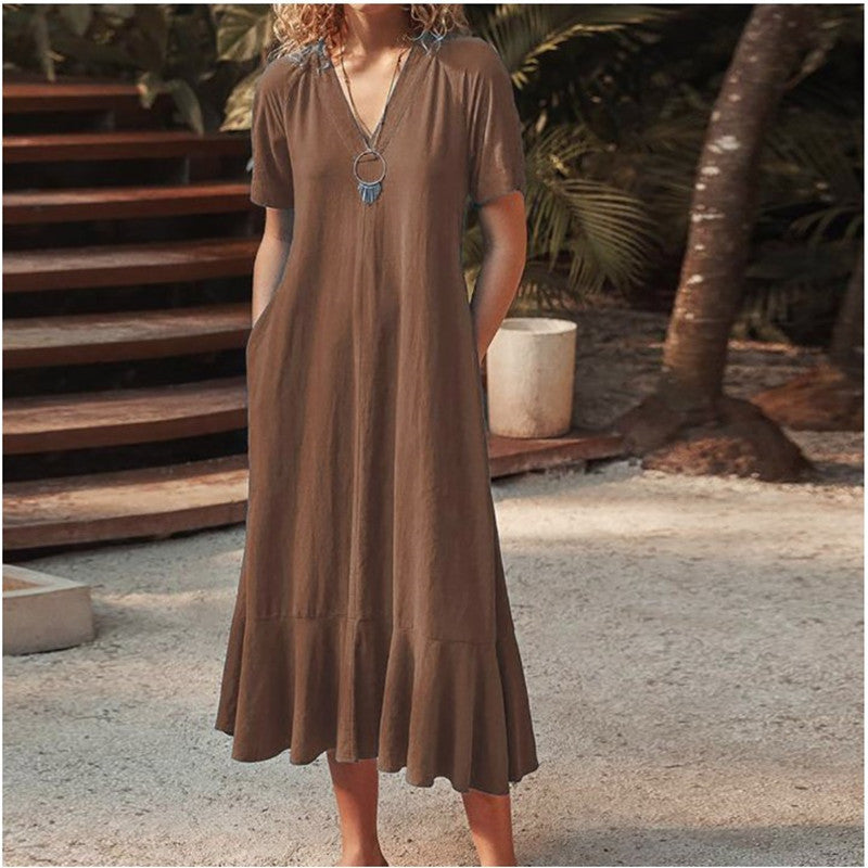 ANTMVS Cross Border New Best Selling Women's Clothes Solid Color and V-neck Lace-up Short Sleeve A- line Length Dress