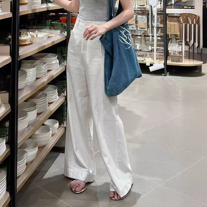 Antmvs New Small White Cotton Linen Wide-Leg Pants High Waist Drooping Slimming Straight Casual Pants Women's Clothing