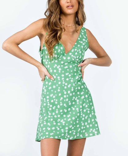 Antmvs -  Women's Polka Dot Print Tie Back Tank Dress, Cute Sleeveless Deep V Neck Short Dress for Summer, Ladies Clothes for Beach Holiday