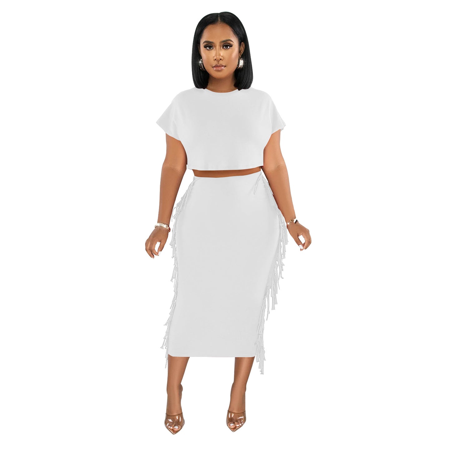 ANTMVSX6331   2025 fashion women's clothing solid color fringed round neck short-sleeved long skirt two-piece set