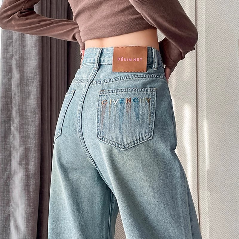 Light-Colored Jeans Women's 2024 New Spring and Autumn High Waist Loose and Slimming Embroidered Small Narrow Version Wide-Leg Pants