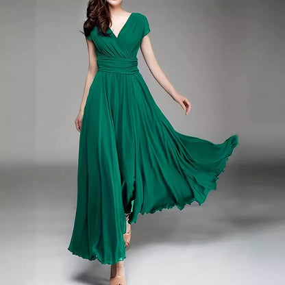 ANTMVS  EBay    Cross Border V-neck Short Sleeve Bohemian Chiffon Waist Dress Evening Dress