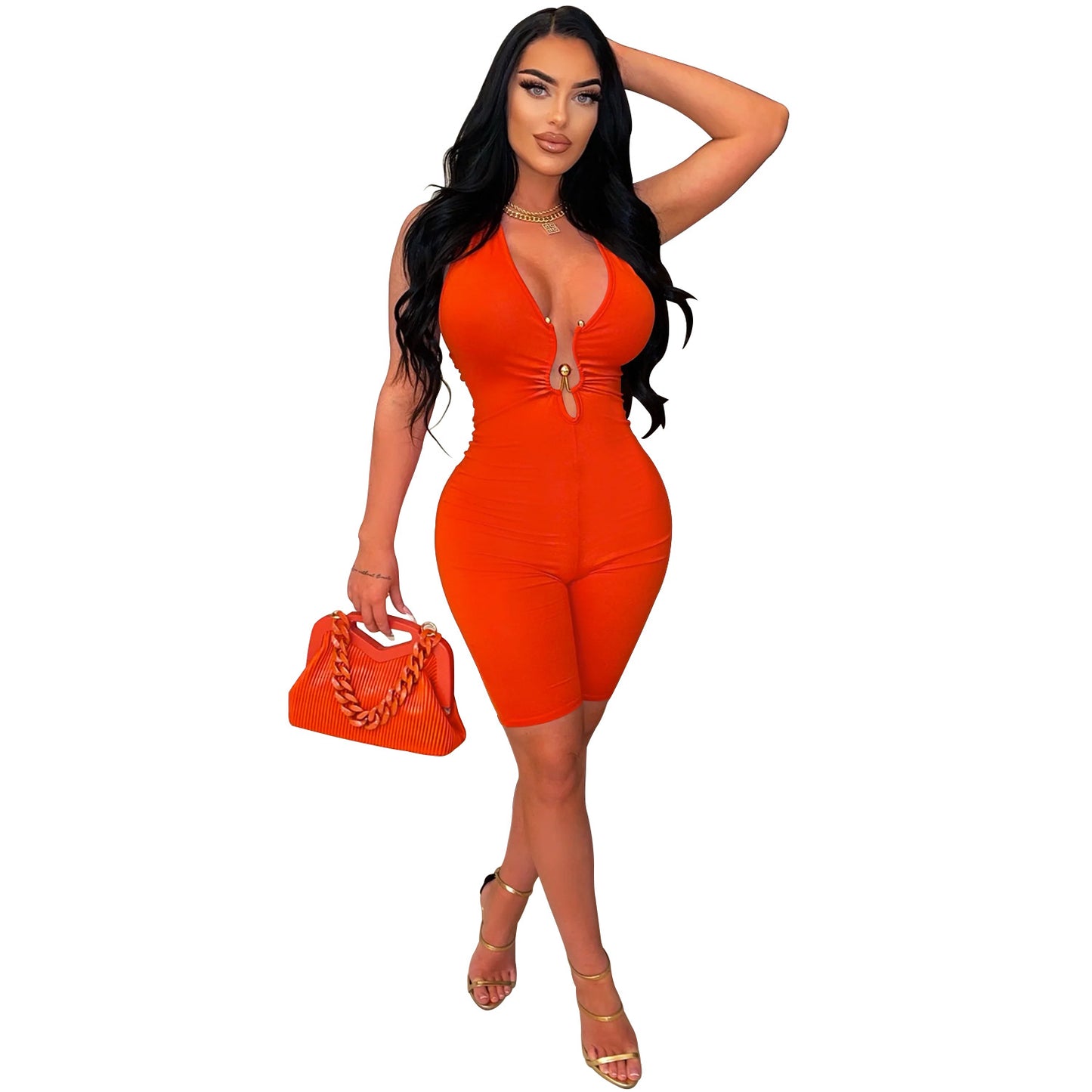 ANTMVSX6329   2025 fashion women's clothing solid color halter V-neck sleeveless shorts jumpsuit women