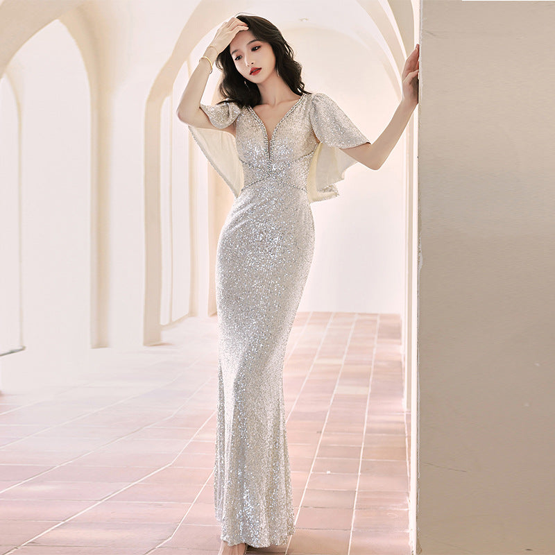 Silver Paillette plus Size Short-Sleeved Evening Dress Winter Art Exam Auto Show Host Catwalk Qianjin High-End Fishtail Dress