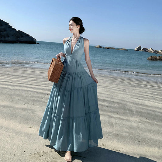 2025 retro blue halter neck dress women's summer high sense gentle wind temperament seaside vacation dress