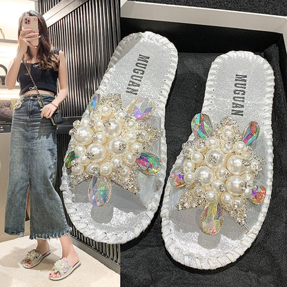 ANTMVS Classic Flower Pearl Accessories Flat Slippers Outer Size Best-Selling in Stock Slip-on Sandals Flip-Flops Beach Fashion Shoes